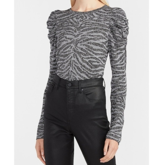 NWT Express Zebra Ruched Puff Sleeve Sweater Long Sleeve Top Metallic Thread XS - Picture 1 of 9